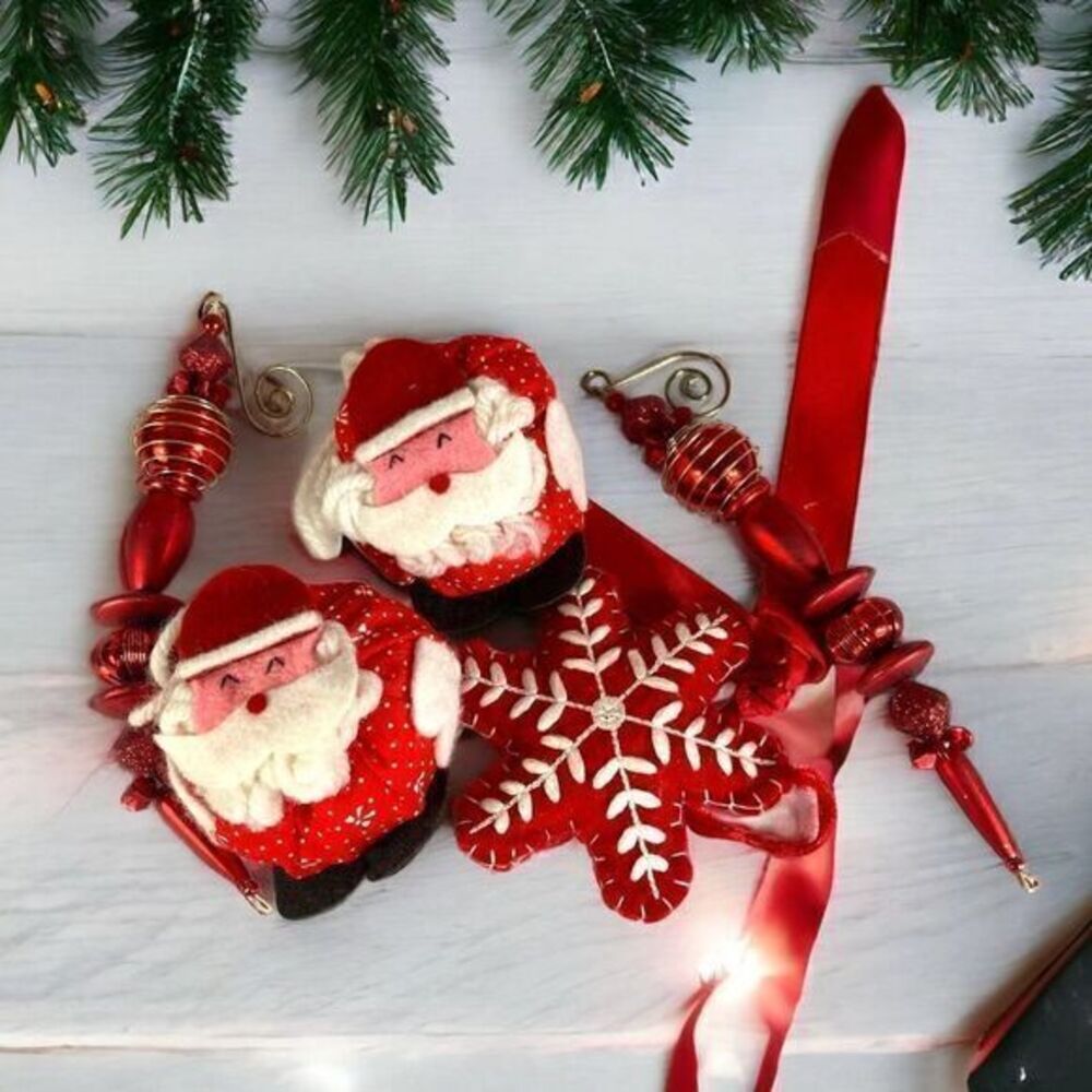 Vintage Christmas Ornament Lot Santa Snowflake Mittens Red Holiday Decor Set 5